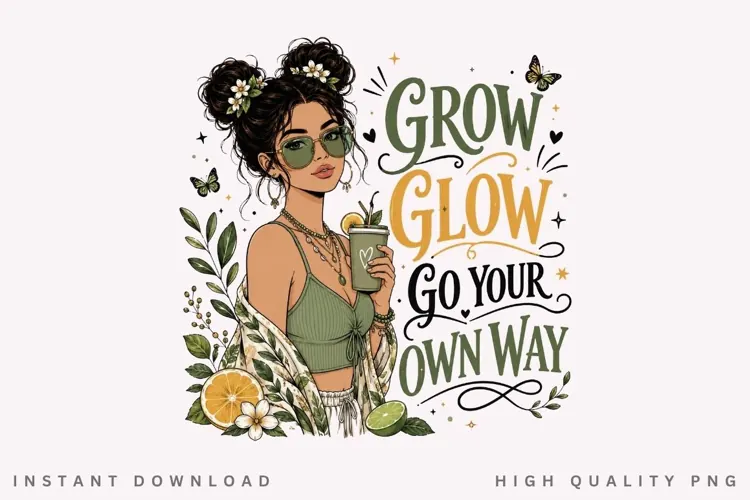 Grow Glow Go Your Own Way PNG Sublimation Design, Boho Girl