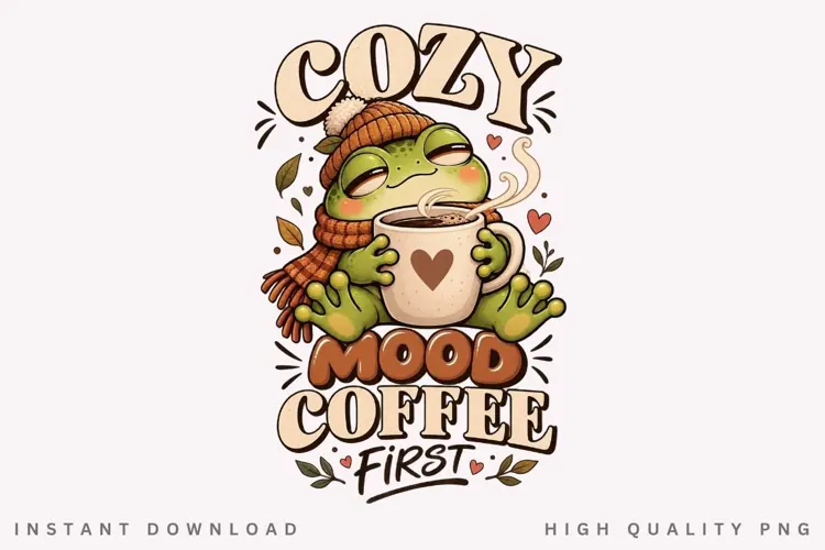 Cozy Frog Morning Coffee Cute Autumn Vibes Quote PNG