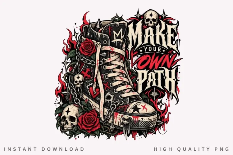 Gothic Black High Top Sneaker with Red Roses, Skulls