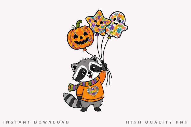 Autism Halloween Raccoon PNG Sublimation Design, Cute