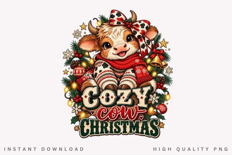 Cute Cow Christmas Holiday Winter Festive Cozy Seasonal PNG