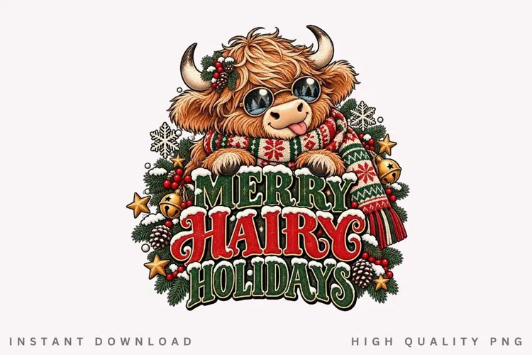 Merry Haring Holidays Highland Cow Christmas Winter PNG