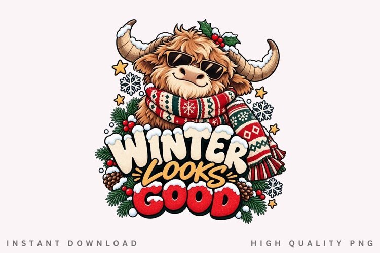 Winter Looks Good Highland Cow Christmas Holiday Seasonal example image 1