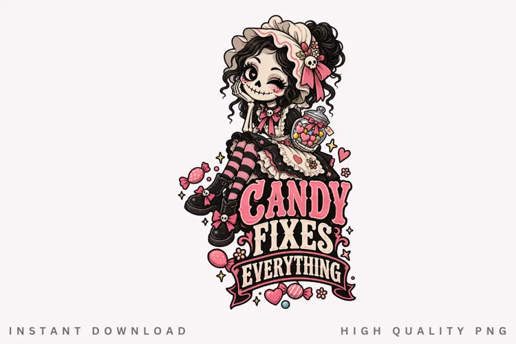Candy Fixes Everything PNG, Cute Gothic Skeleton Girl