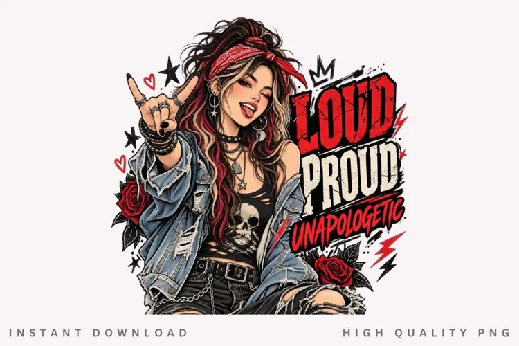 Edgy Rock Rebel Girl with Red Bandana, Roses and Bold