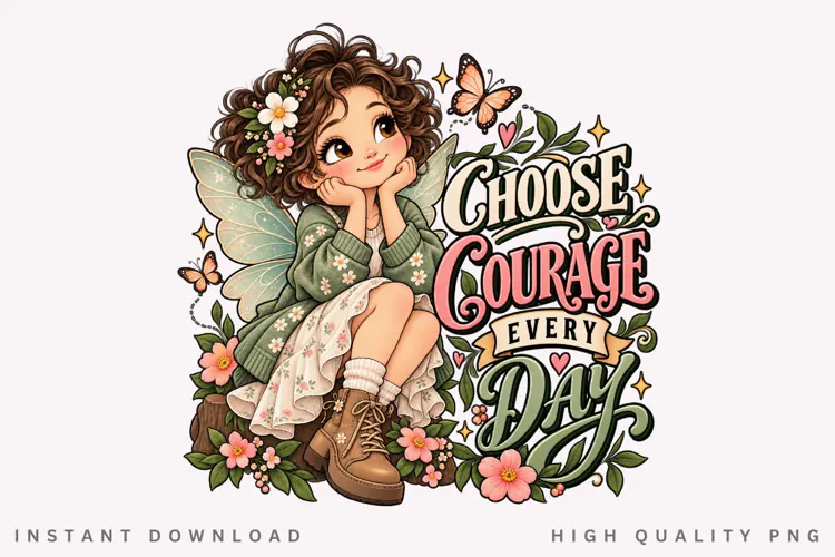 Choose Courage Every Day Floral Fairy Girl Illustration PNG