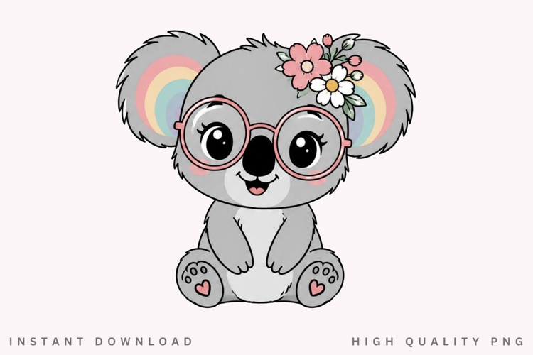 Cute Koala with Glasses PNG Sublimation Design, Rainbow