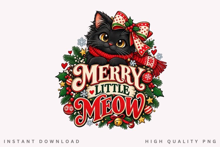 Cute Black Cat Merry Little Meow Christmas Winter Holiday example image 1
