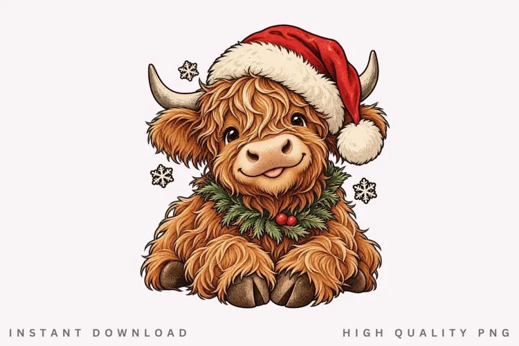 Christmas Highland Cow PNG Sublimation Design, Cute Baby