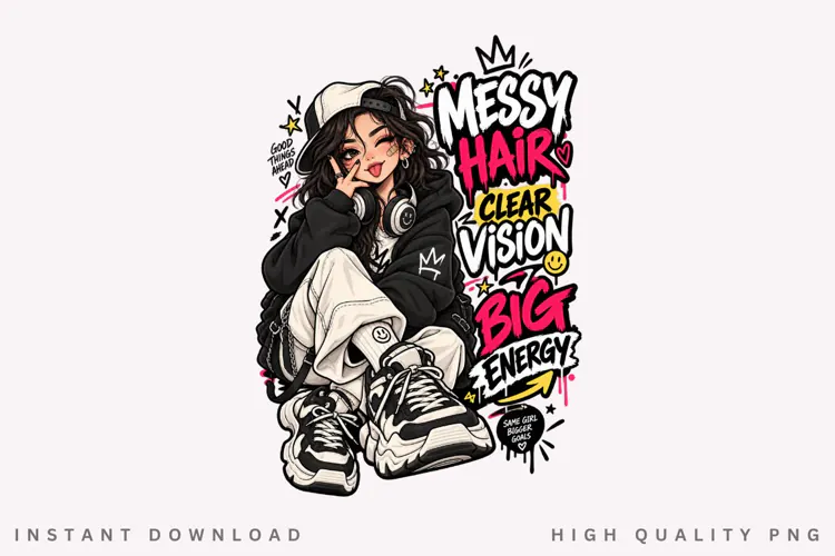 Messy Hair Clear Vision Big Energy Girl PNG, Streetwear