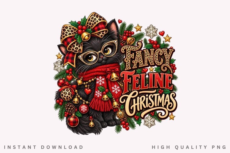 Fancy Feline Christmas Cute Black Cat Holiday Winter PNG example image 1