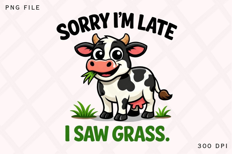 Sorry Im Late I Saw Grass Funny Cow PNG, Cute Cow Eating