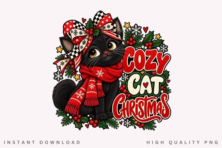Cozy Black Cat Christmas Winter Holiday Festive PNG Design example image 1