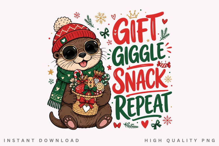 Gift Giggle Snack Repeat Christmas Otter PNG Sublimation