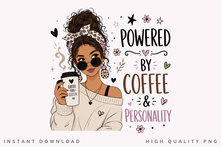 Powered By Coffee And Personality PNG Sublimation Design