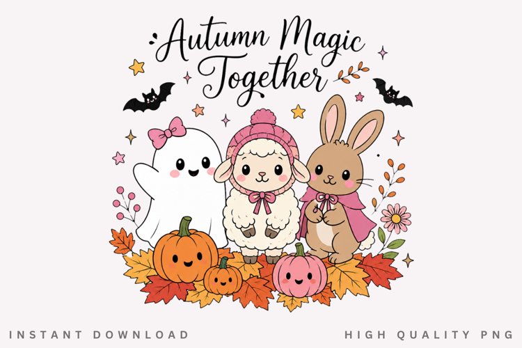 Autumn Magic Together PNG, Cute Ghost Lamb Bunny Fall