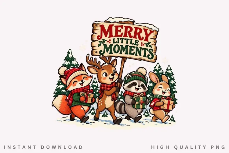 Merry Little Moments PNG Sublimation Design, Cute Woodland