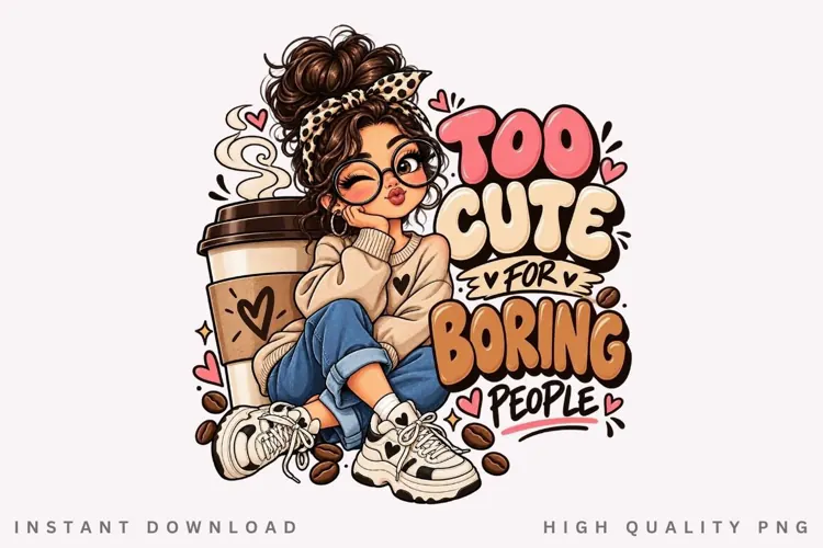 Too Cute for Boring People PNG, Cute Coffee Girl Design