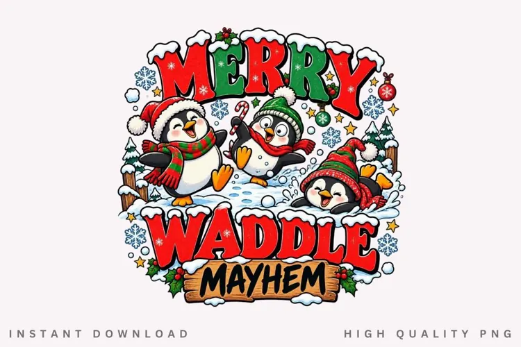 Cute Penguin Merry Waddle Mayhem Christmas Winter Holiday
