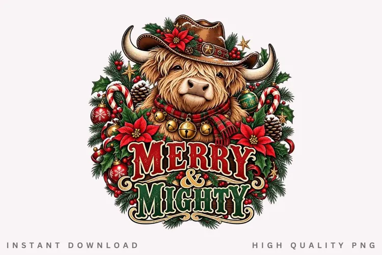 Cute Highland Cow Merry and Mighty Christmas Winter Holiday