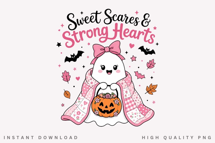 Sweet Scares And Strong Hearts PNG, Pink Ribbon Ghost