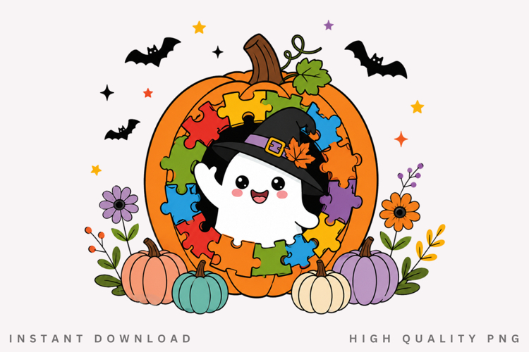 Autism Awareness Halloween PNG, Cute Ghost Puzzle Pumpkin