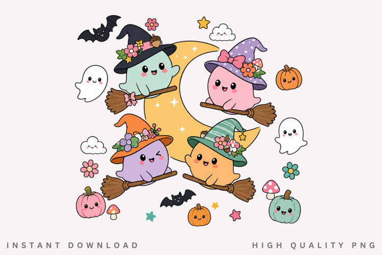Cute Witch Ghosts PNG, Pastel Flying Witch Moon Sublimation