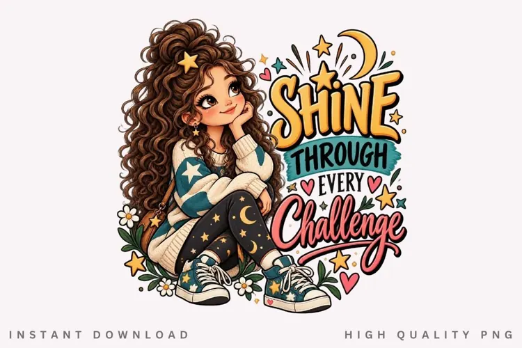 Shine Through Every Challenge Cute Curly Girl Stars Moon Ins