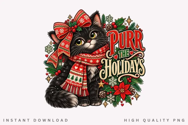 Purr the Holidays Cute Black Cat in Christmas Scarf