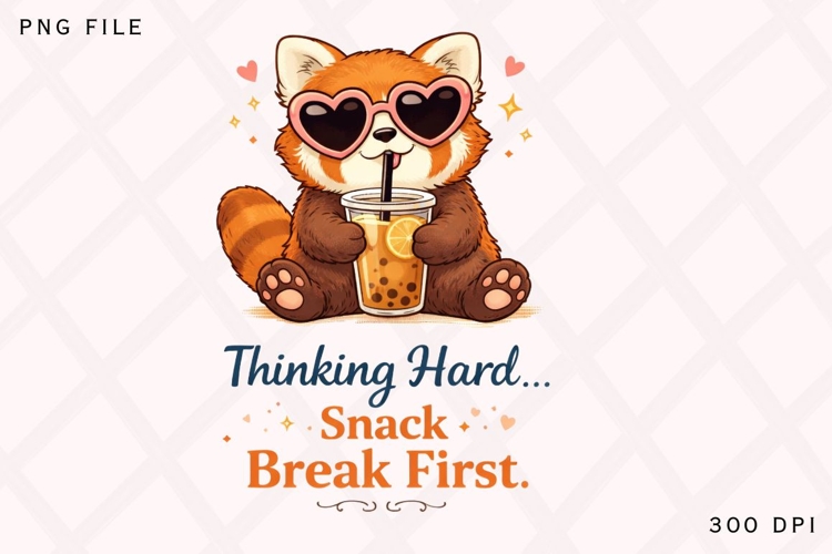 Thinking Hard Snack Break First PNG, Cute Red Panda Boba Tea