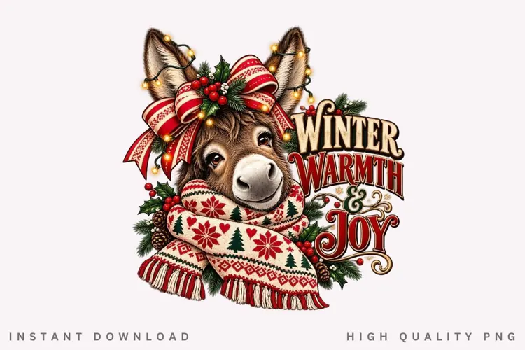 Cute Donkey Winter Warmth Joy Christmas Holiday Festive PNG