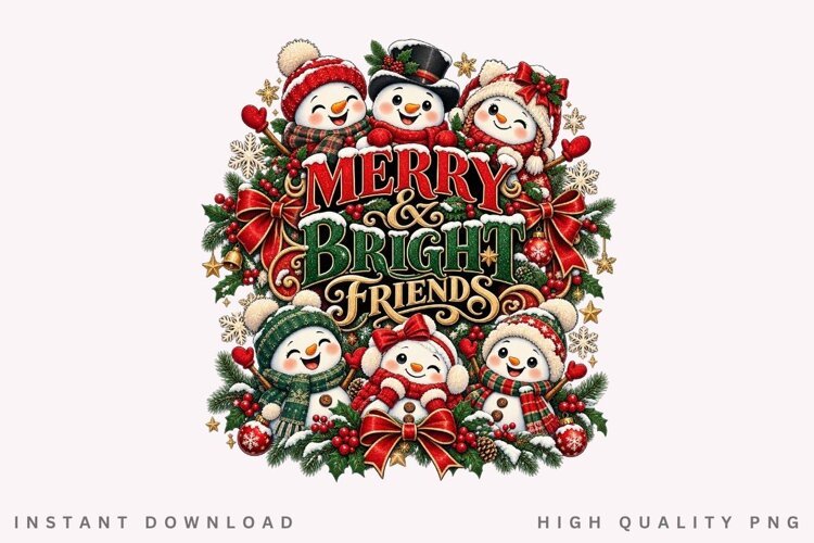 Merry Bright Friends Christmas Snowman Family Holiday example image 1