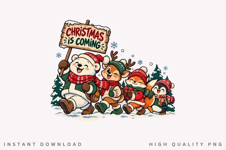 Christmas Is Coming PNG Sublimation Design, Cute Woodland