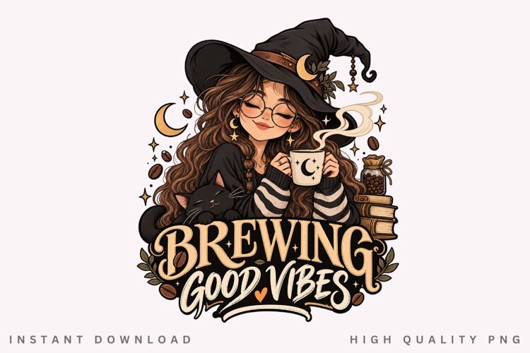 Brewing Good Vibes PNG, Cozy Witch Coffee Clipart example image 1