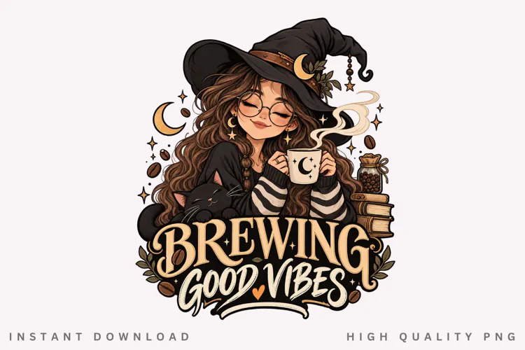 Brewing Good Vibes PNG, Cozy Witch Coffee Clipart