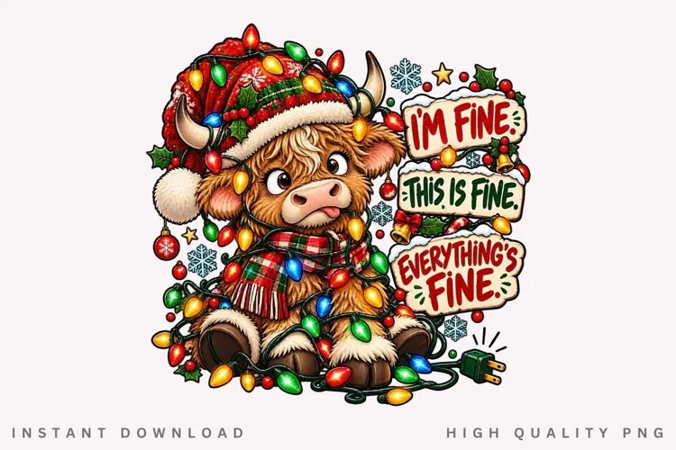 Everything's Fine Funny Highland Cow Christmas PNG Design