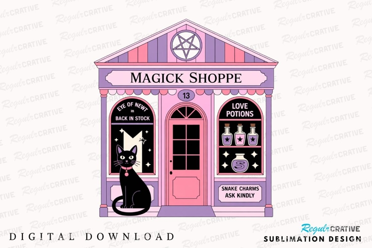 Magick Shoppe Illustration with Black Cat Sublimation PNG