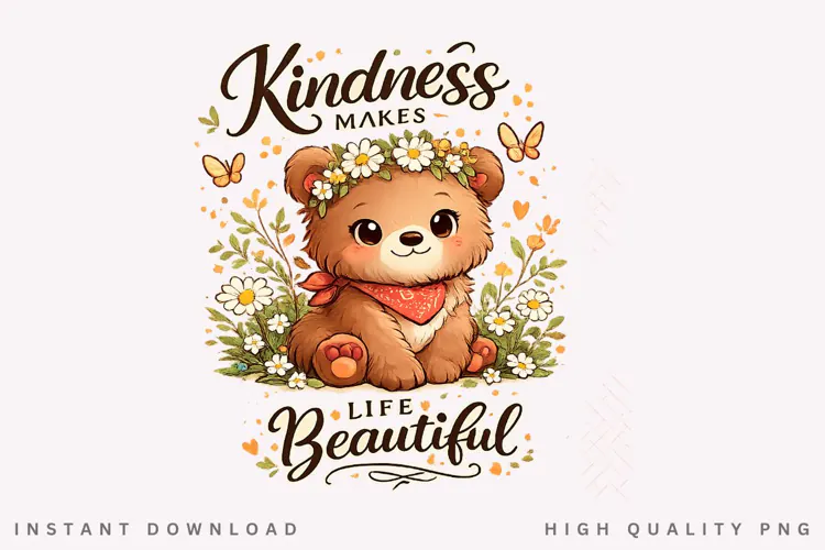 Kindness Makes Life Beautiful Cute Teddy Bear Floral Quote
