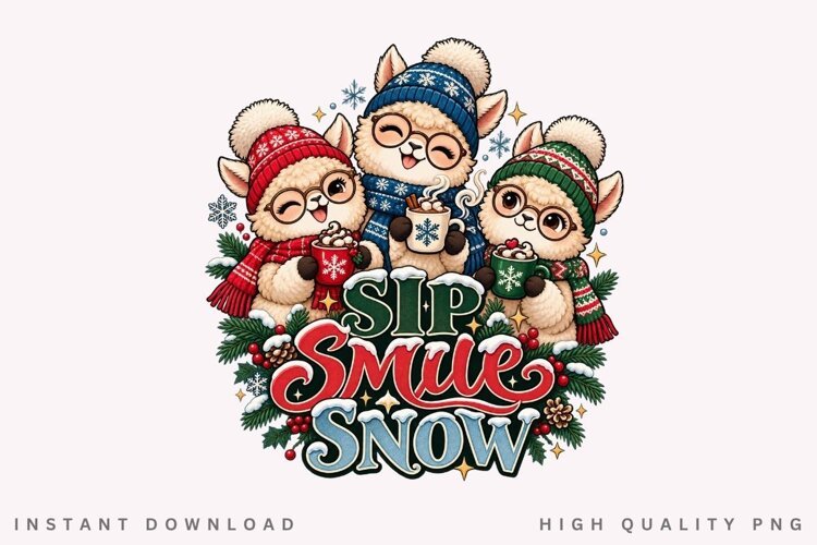 Sip Smile Snow Cute Winter Alpaca Friends Christmas Holiday example image 1