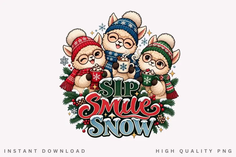 Sip Smile Snow Cute Winter Alpaca Friends Christmas Holiday