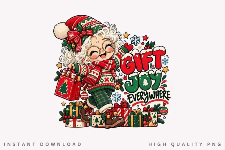 Cute Christmas Girl Gift Giving Merry Christmas Holiday