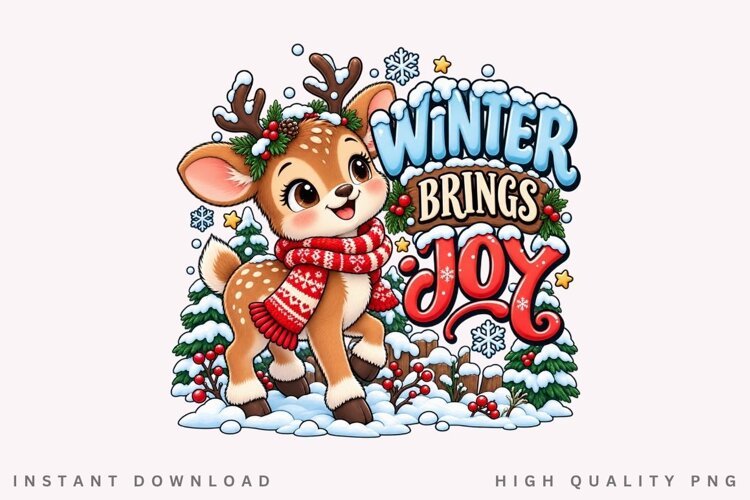 Cute Reindeer Winter Brings Joy Christmas Holiday Design PNG example image 1