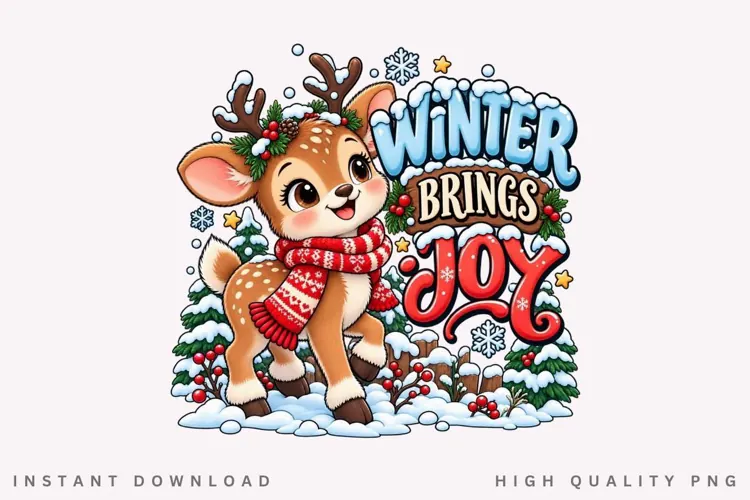 Cute Reindeer Winter Brings Joy Christmas Holiday Design PNG