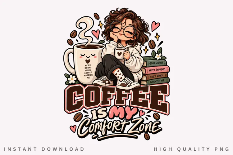 Cute Coffee Girl PNG, Cozy Coffee Comfort Zone Clipart
