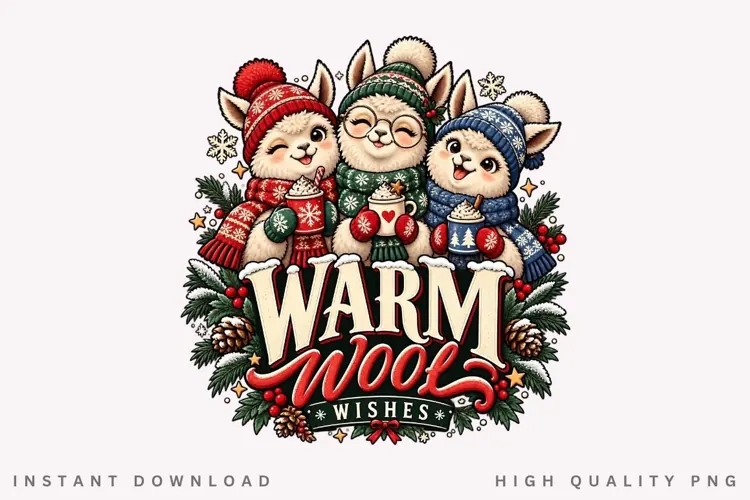 Warm Winter Wishes Cute Alpaca Trio PNG, Cozy Holiday