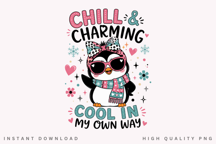 Chill And Charming PNG Sublimation Design, Cute Penguin example image 1