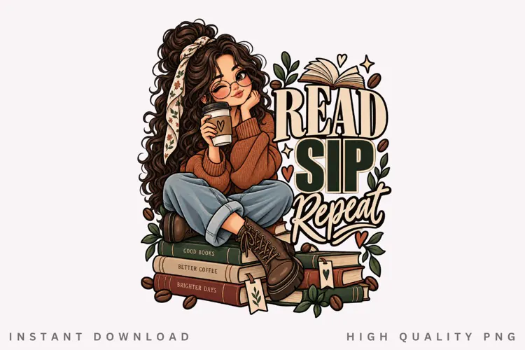 Book Lover Coffee Reading PNG, Cozy Bookish Girl