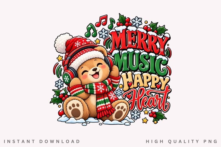 Cute Christmas Teddy Bear with Headphones Merry Music Happy example image 1