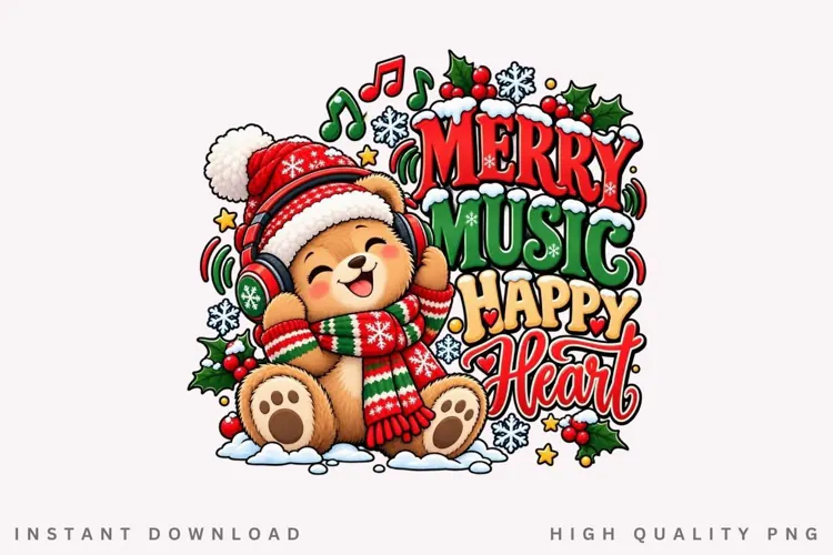 Cute Christmas Teddy Bear with Headphones Merry Music Happy