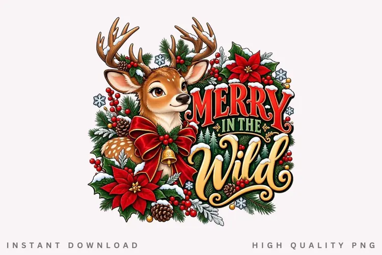 Merry in the Wild Cute Reindeer Christmas Winter Holiday